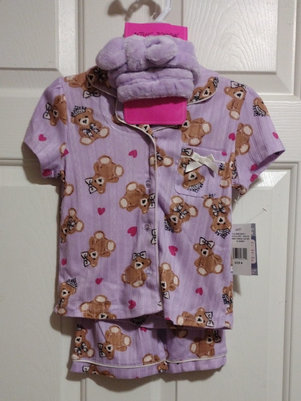 Betsy Johnson Lilac Bear Short-Sleeve Kids Pajama Set with Plush Spa Band 🆕
